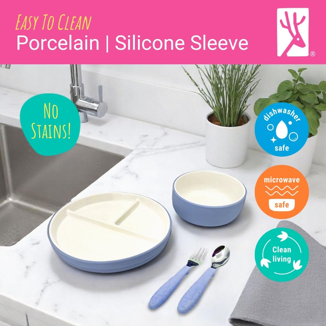 Elk and Friends - Set de vajilla de porcelana para niños con mangas de succión | Platos, tazones + cubiertos para niños pequeños | Mangas de silicona | para comidas + aperitivos | Apto para microondas