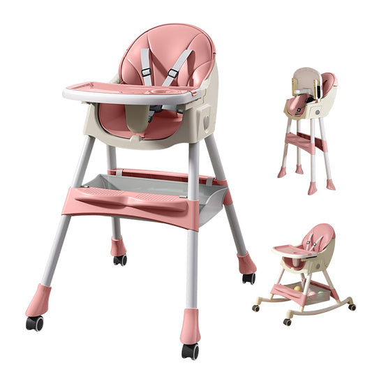 SLNXA Silla Alta para Bebé Multifuncional Silla de Comedor, Sillón y Mecedora en Uno con Ruedas Universales, Plato Llano Doble Extraíble, Cesta de Almacenamiento y Cojín de PU, Ajustable Plegable (Rosa)