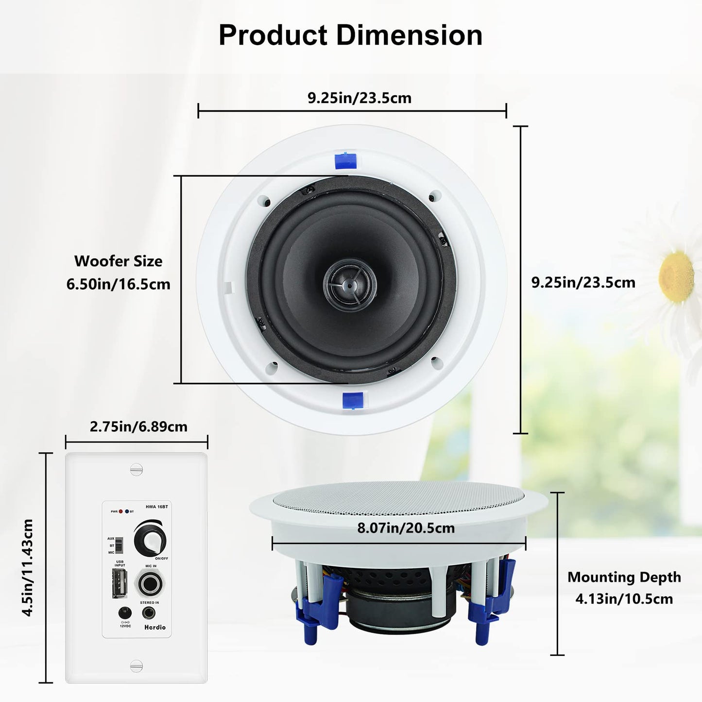 Herdio - Altavoces de techo Bluetooth de 6.5 pulgadas, 320 W, montaje empotrado de 2 vías, receptor amplificador de pared, adecuado para cine en casa, baño, sala de estar, cocina, oficina (blanco,