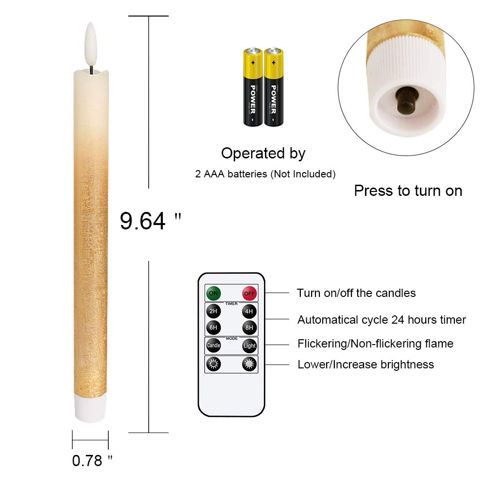 DRomance - Velas cónicas doradas sin llama funcionan con pilas con temporizador remoto, cera real 3D con mecha, velas LED parpadeantes, decoración de cena, boda, día festivo (paquete de 6, 0.78 x 9.64