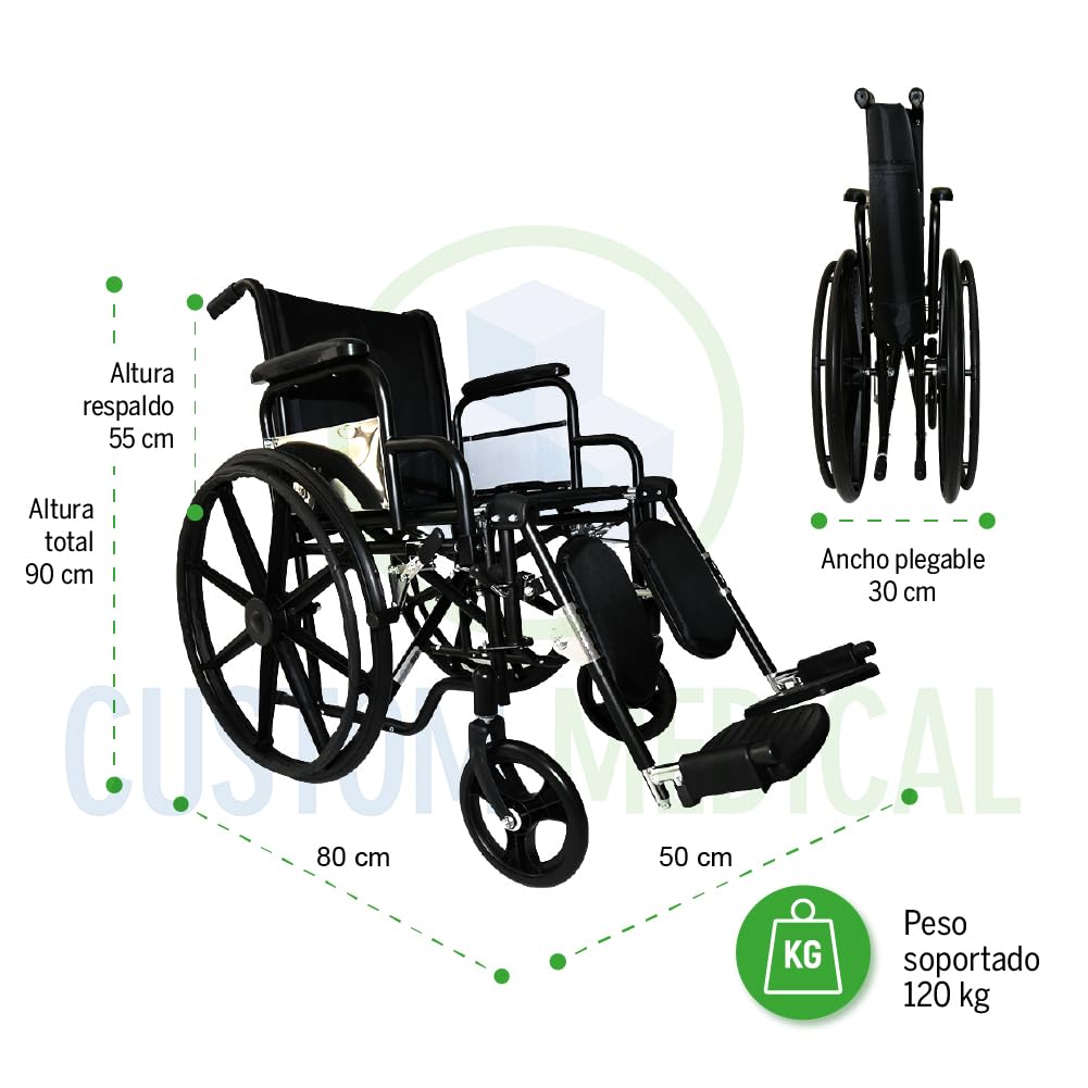 CUSTOM MEDICAL Silla de Ruedas de Lujo Folding Brazo Abatible Tipo Escritorio con Elevapiernas Ajustables y Desmontables Negro