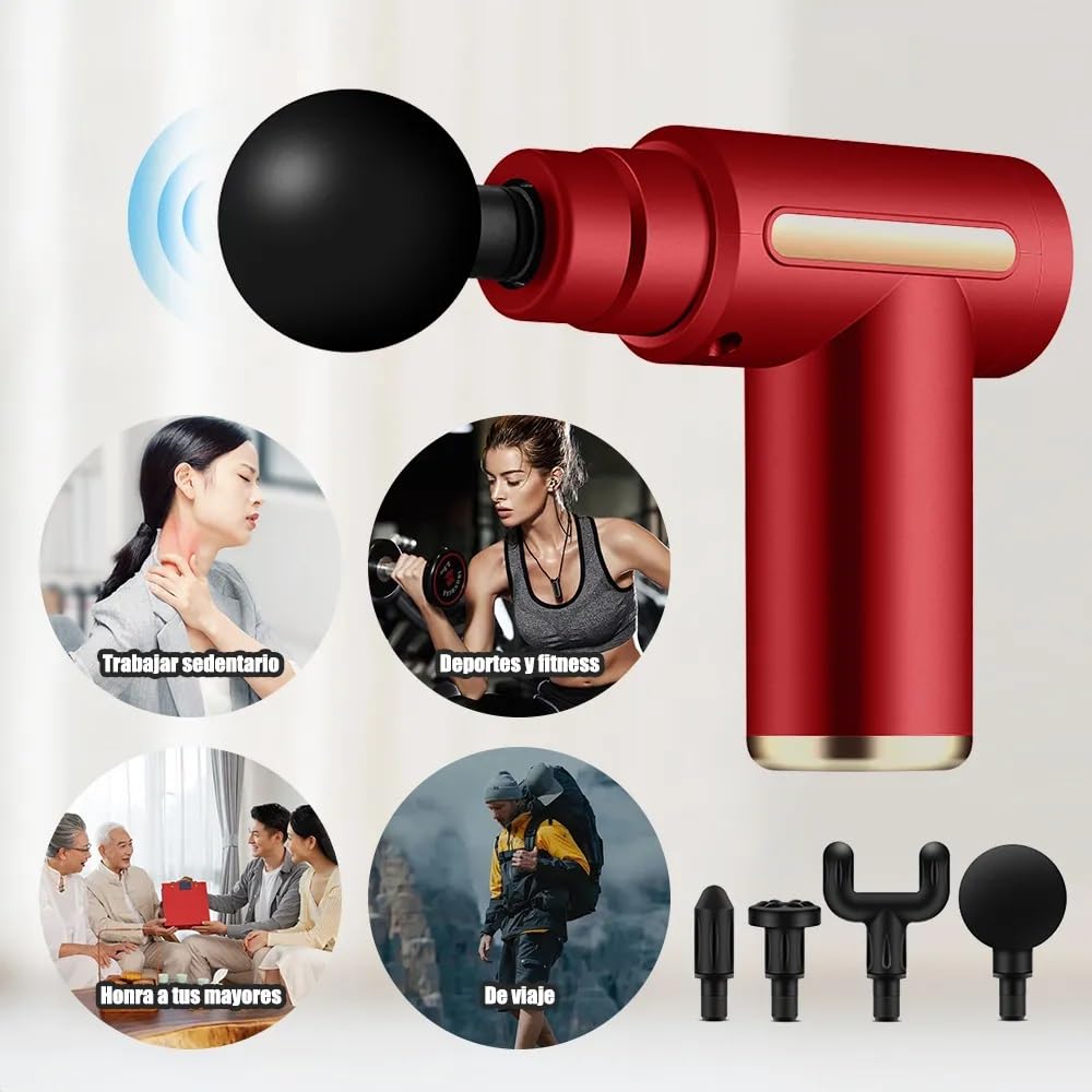 Pistola de Masaje Muscular con 4 Cabezas, Masajeador Portatil Muscular Mini Masajeador de Tejido Profundo Ajustables Massage Gun, Masaje Profesional Para Musculos, Ligamentos y Tejidos, Carga USB(Rojo)