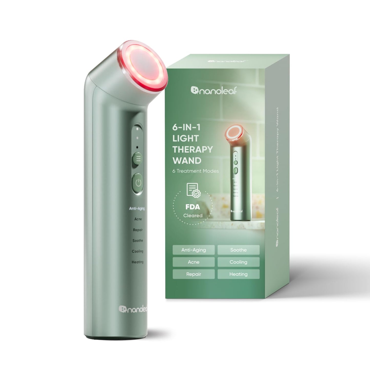 Nanoleaf Varita de fototerapia 6 en 1 aprobada por la FDA para rostro y cuello, masajeador facial con luz roja y azul, vibración, calor y enfriamiento, dispositivo de fototerapia para el antienvejecim