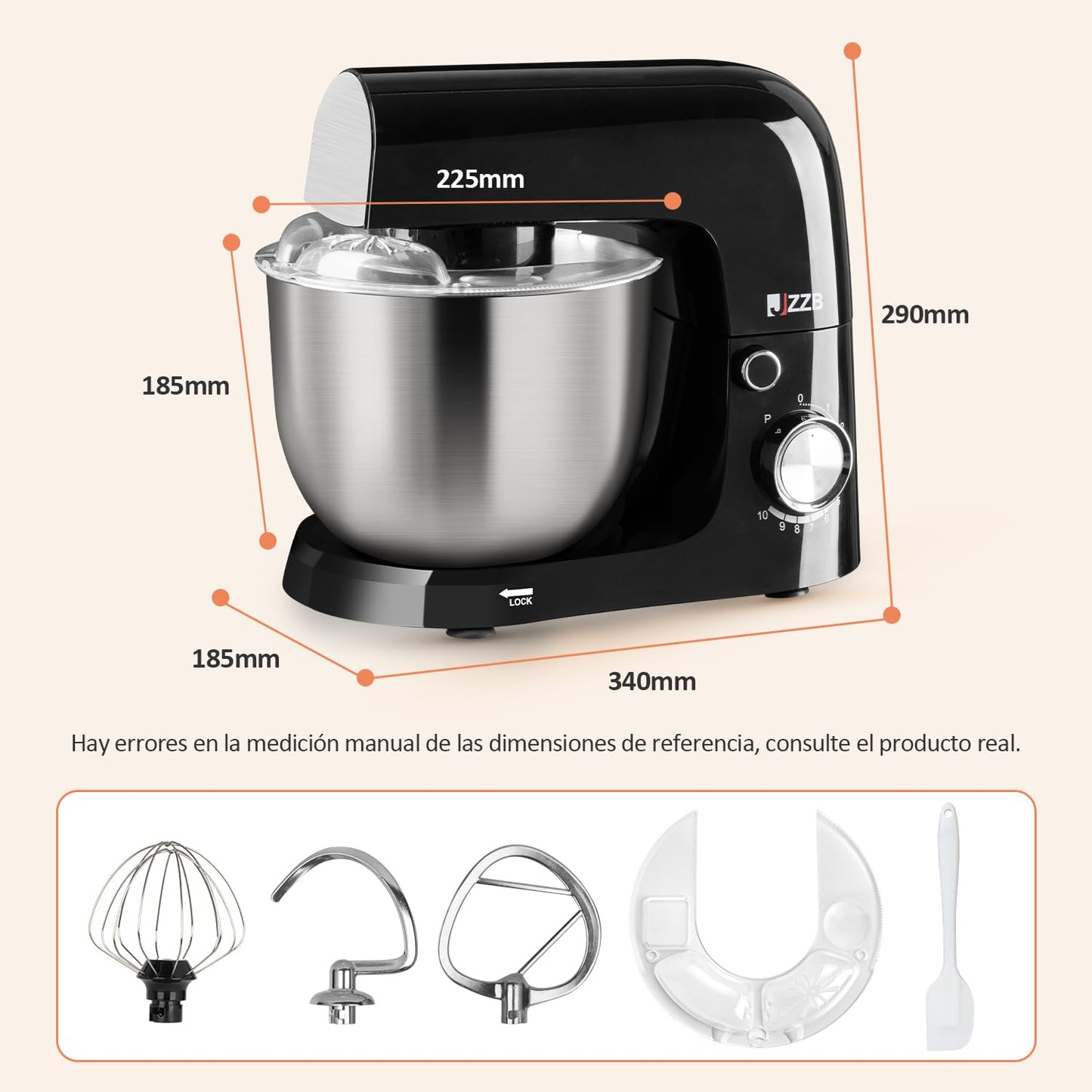 Batidora de Pedestal JZZB Negra de 10 Velocidades con 6 Accesorios para Repostería y Panadería en el Hogar