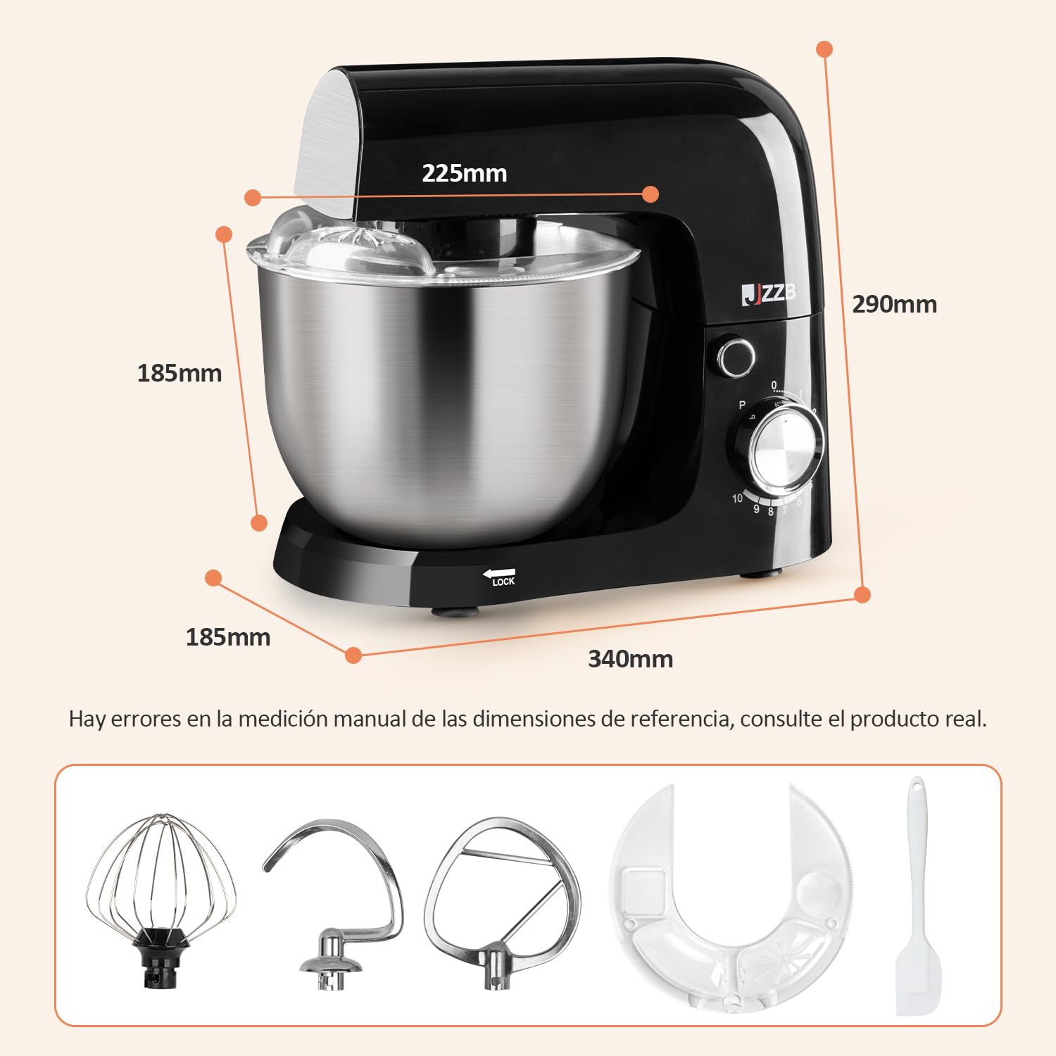 Batidora de Pedestal JZZB Negra de 10 Velocidades con 6 Accesorios para Repostería y Panadería en el Hogar