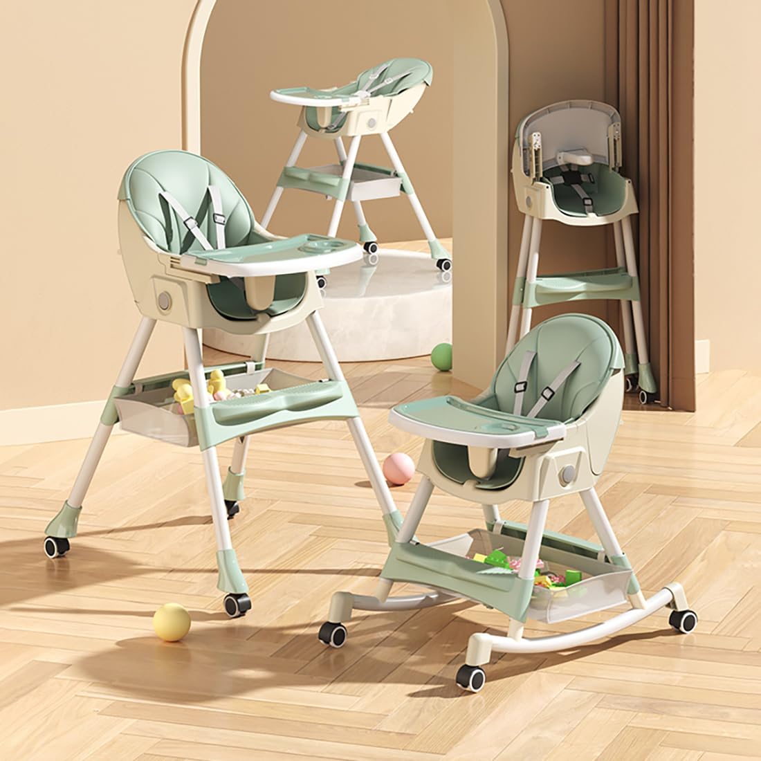 SLNXA Silla Alta para Bebé Multifuncional: Sillón y Mecedora en Uno con Ruedas Universales, Plato Llano Doble Extraíble, Cesta de Almacenamiento y Cojín de PU, Ajustable Plegable (Verde)