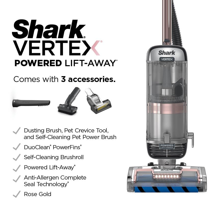 Shark AZ2002 Aspiradora Vertical Vertex DuoClean PowerFins con Cepillo de autolimpiable y Filtro HEPA, Capacidad de 1 Cuarto de galón, Oro Rosa