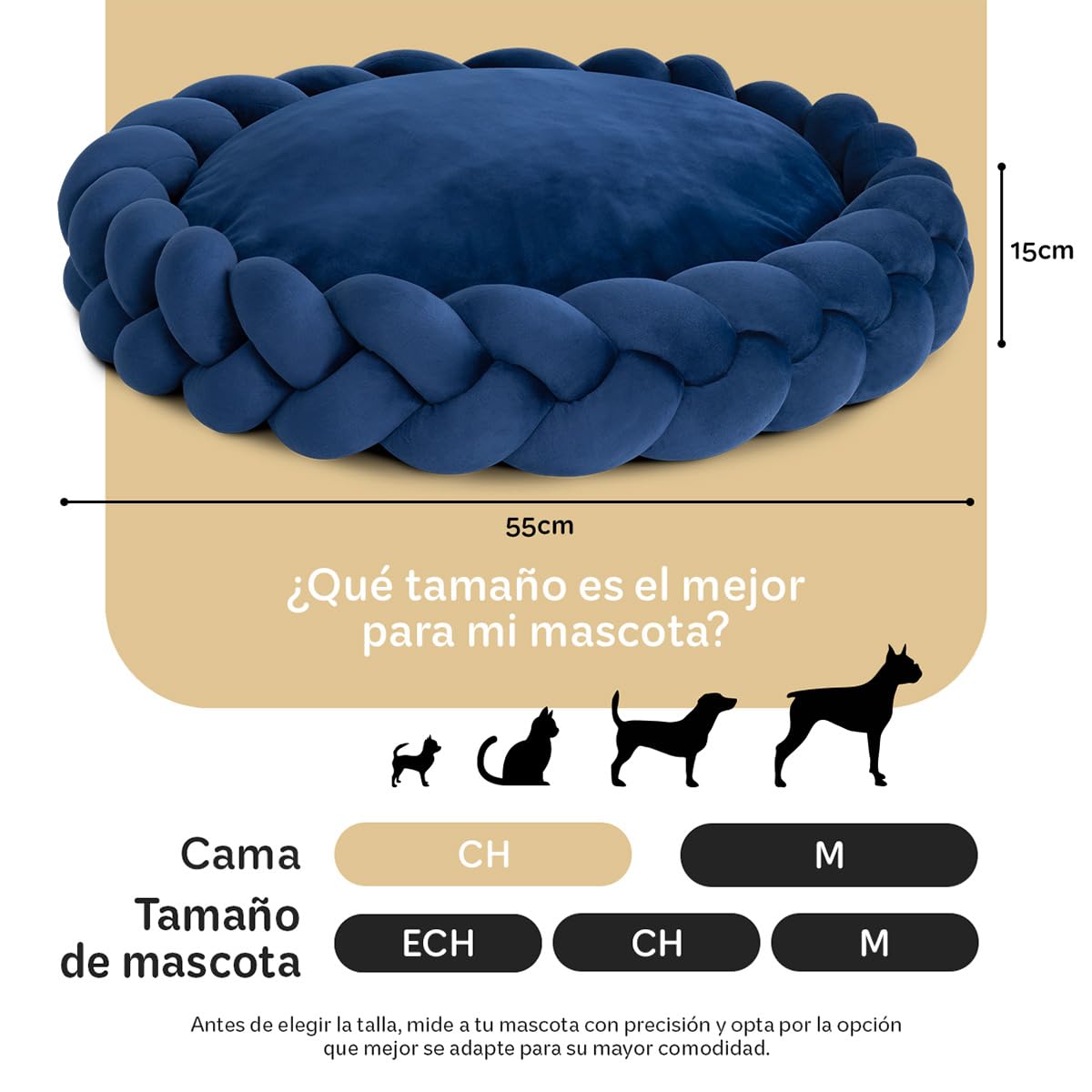 Cama Redonda ESQUIMAL Azul Marino Cojín Antiestrés Trenzado Lavable para Perro y Gato
