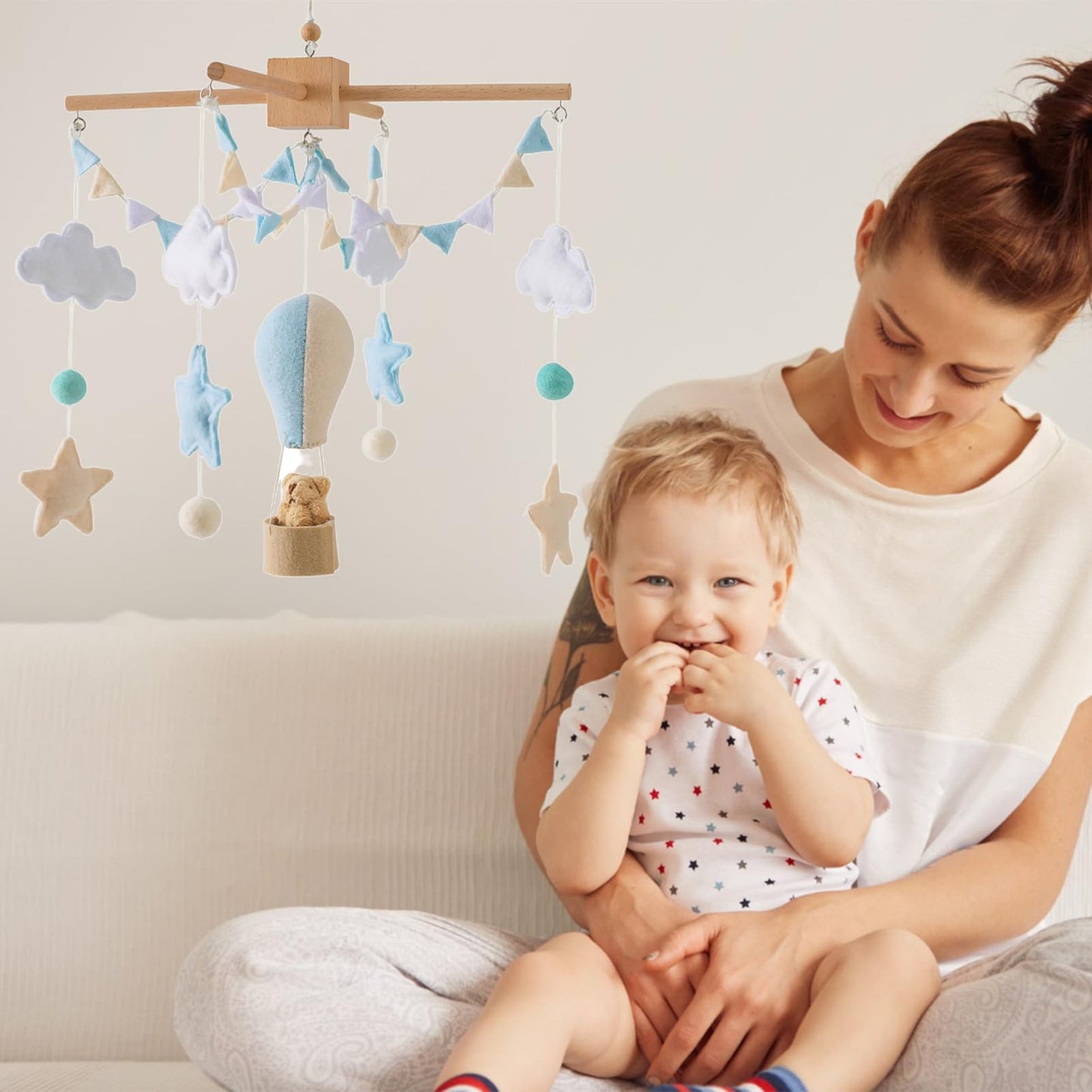 Móvil de bebé para cuna, móvil para cuna de bebé para niños y niñas, móvil de bebé, móvil boho para guardería, decoración de guardería, banderas de globo de aire caliente, bandera de nube de estrella