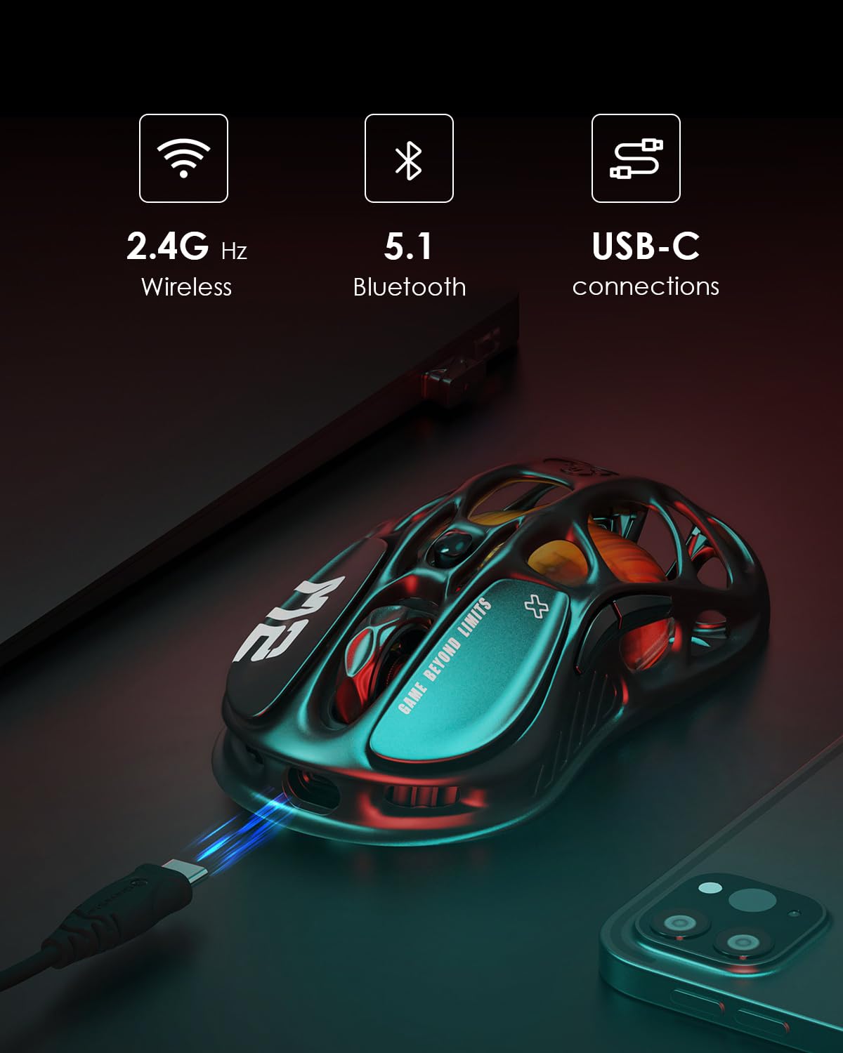GravaStar Mercury M2 Gaming Mouse - Ratón para Juegos de computadora MMO con Sensor óptico de 26,000 dpi - Diseño Hueco liviano de 78 g - 5 Botones programables - 5 Modos RGB - Negro sigiloso