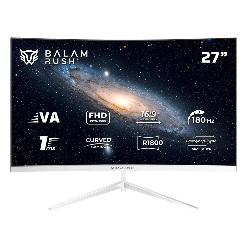 Balam Rush Andromeda Monitor Gamer Curvo MAG27Y, 27 Pulgadas, FHD, 180Hz, 1ms, VA, Pantalla Curva R1800, F-Sync, G-Sync, Flicker-Free, HDMI 2.1, DisplayPort 1.4 (Blanco)