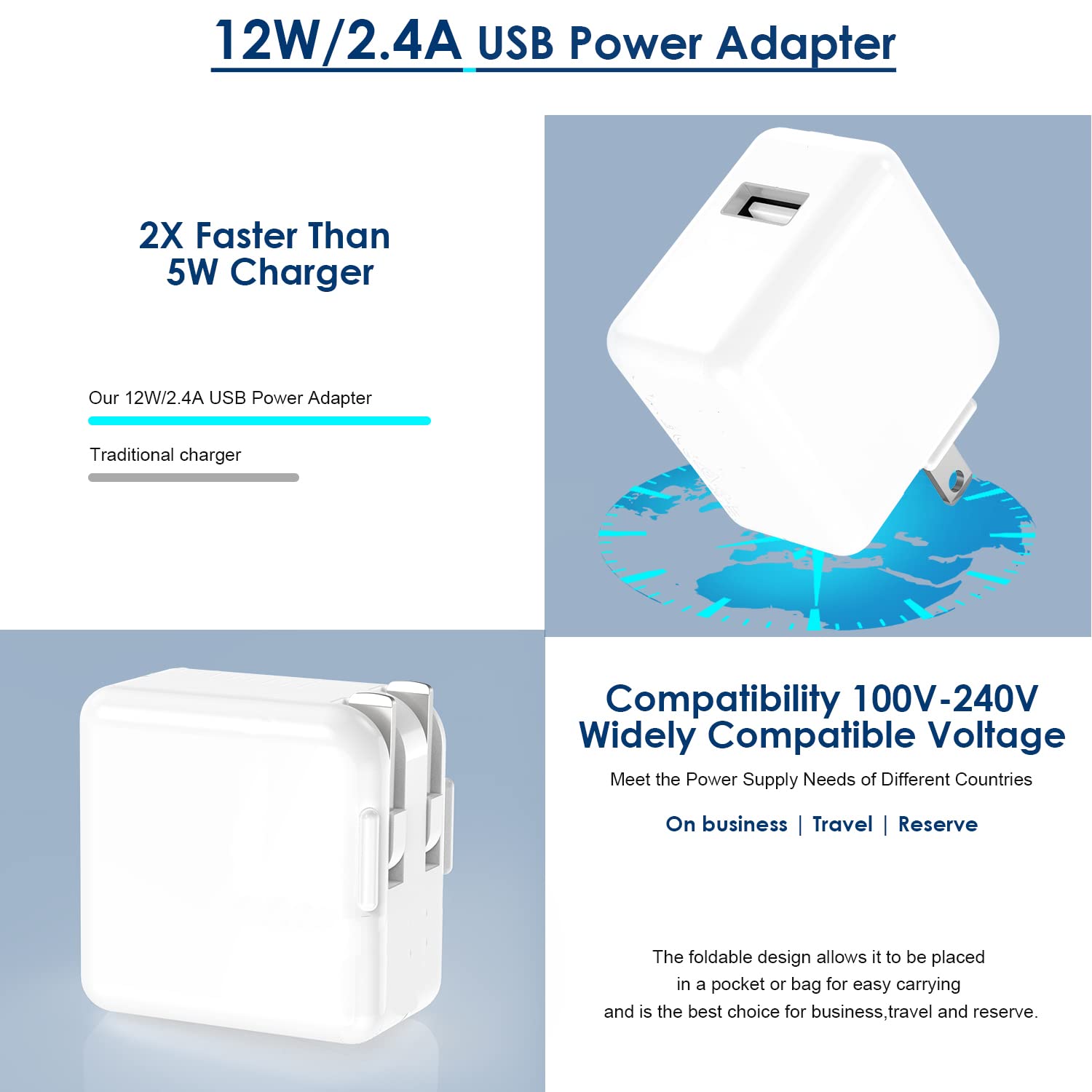 IOSYS Cargador para iPad/iPhone, Bloque de carga rápida con 2 cables USB a Lightning de 6.6 pies, 12 W, Plegable, Certificado MFi, Compatible con iPad Pro, Air, Mini, iPhone y más