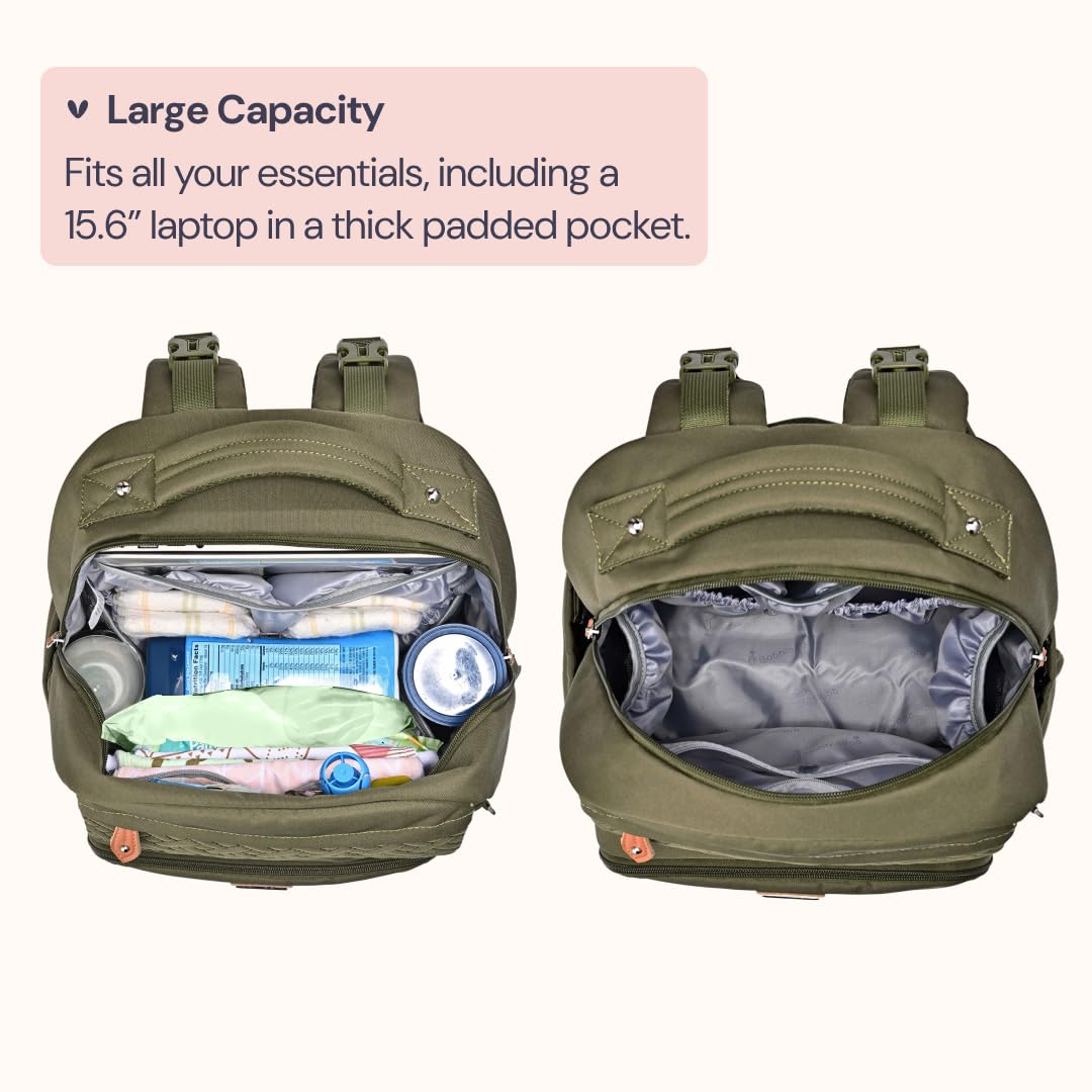 BabbleRoo - Mochila cambiadora para pañales, para bebé, unisex, con colchoneta cambiadora, portachupete y correas para carriola - Bolsa de viaje grande impermeable para niños y niñas, verde, 1 Count
