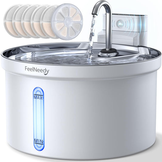 Fuente de agua inalámbrica para gatos [separación de agua y batería] FEELNEEDY Dispensador de agua para mascotas con sensor de movimiento, 3.5 l/12 onzas 4000 mAh con pilas para gatos, perros con 6