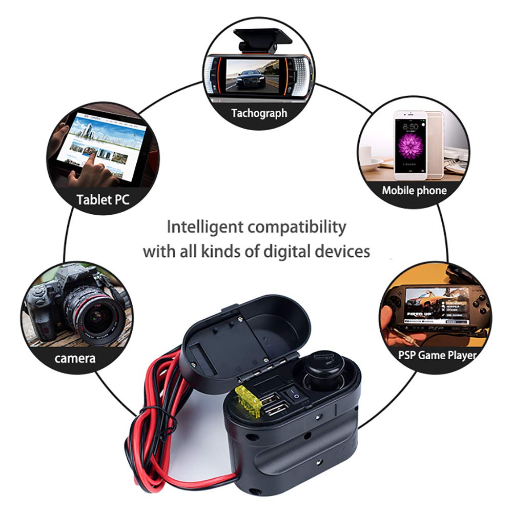 Cargador USB para Motocicleta, DC 12V / 24V Encendedor de Cigarrillos para Motocicleta Puertos de Carga USB Duales Voltímetro Reloj Pantalla de Tiempo Motor Cargador de Teléfono