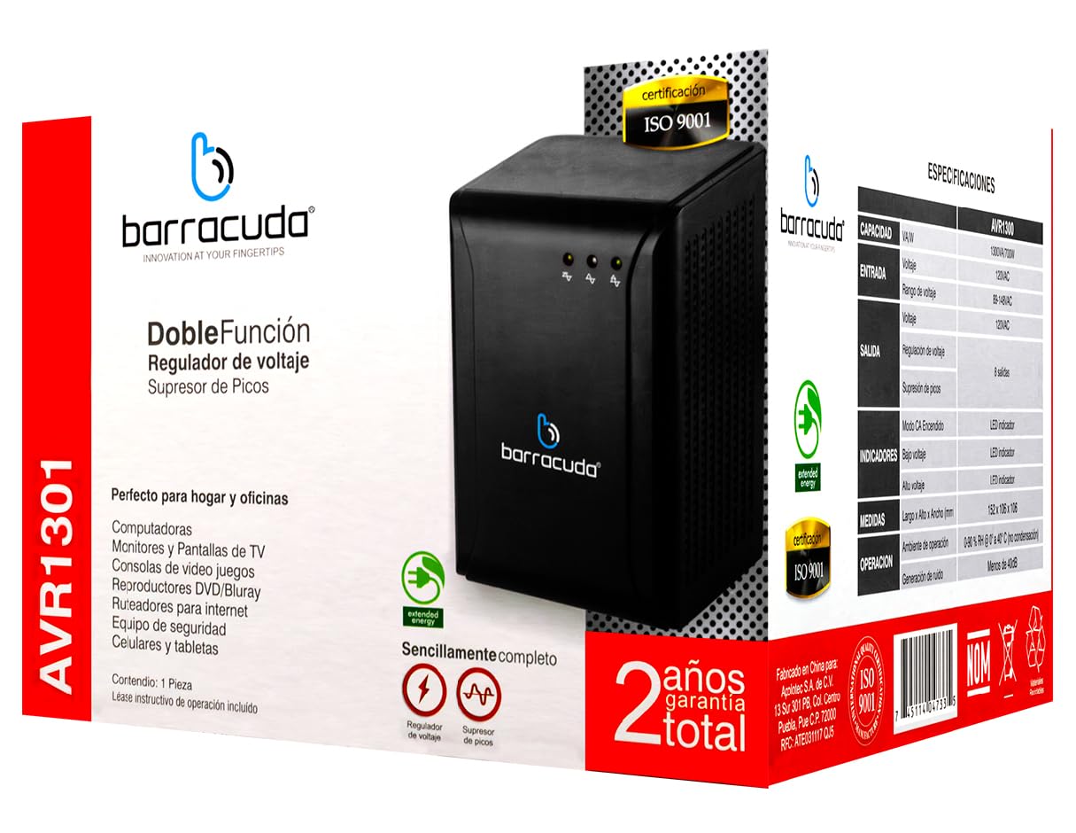 Barracuda Regulador De Voltaje Avr-1301 8 Contactos 700w Color Negro