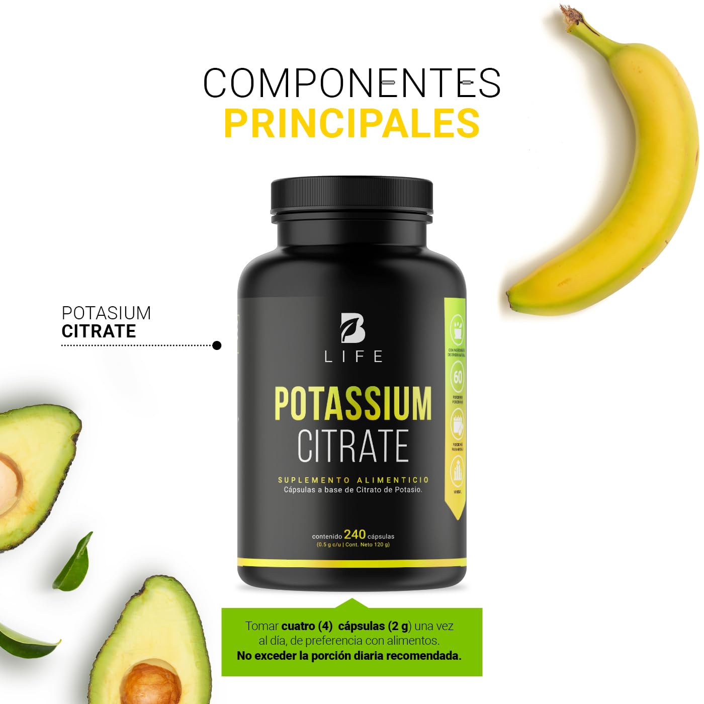 B Life Company Citrato de Potasio 800 mg de Potasio (Provenientes de 1000 mg). Ingredientes Naturales de 240 Cápsulas. Potassium Citrate