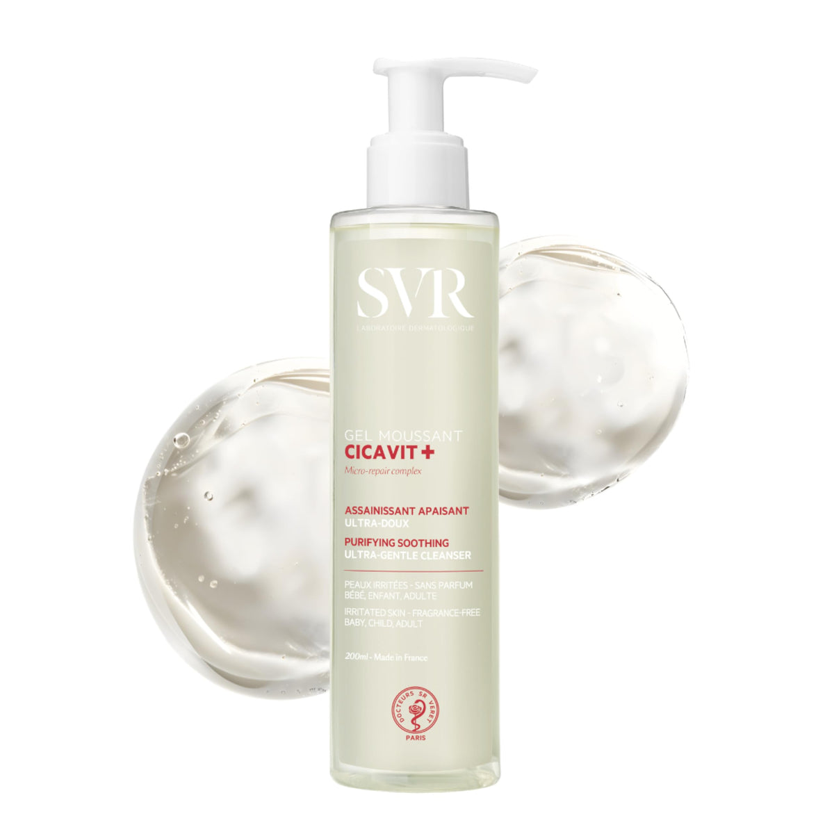 SVR Cicavit Gel Moussant, Gel Limpiador Calmante para Piel Irritada y Dañada, 200 ml