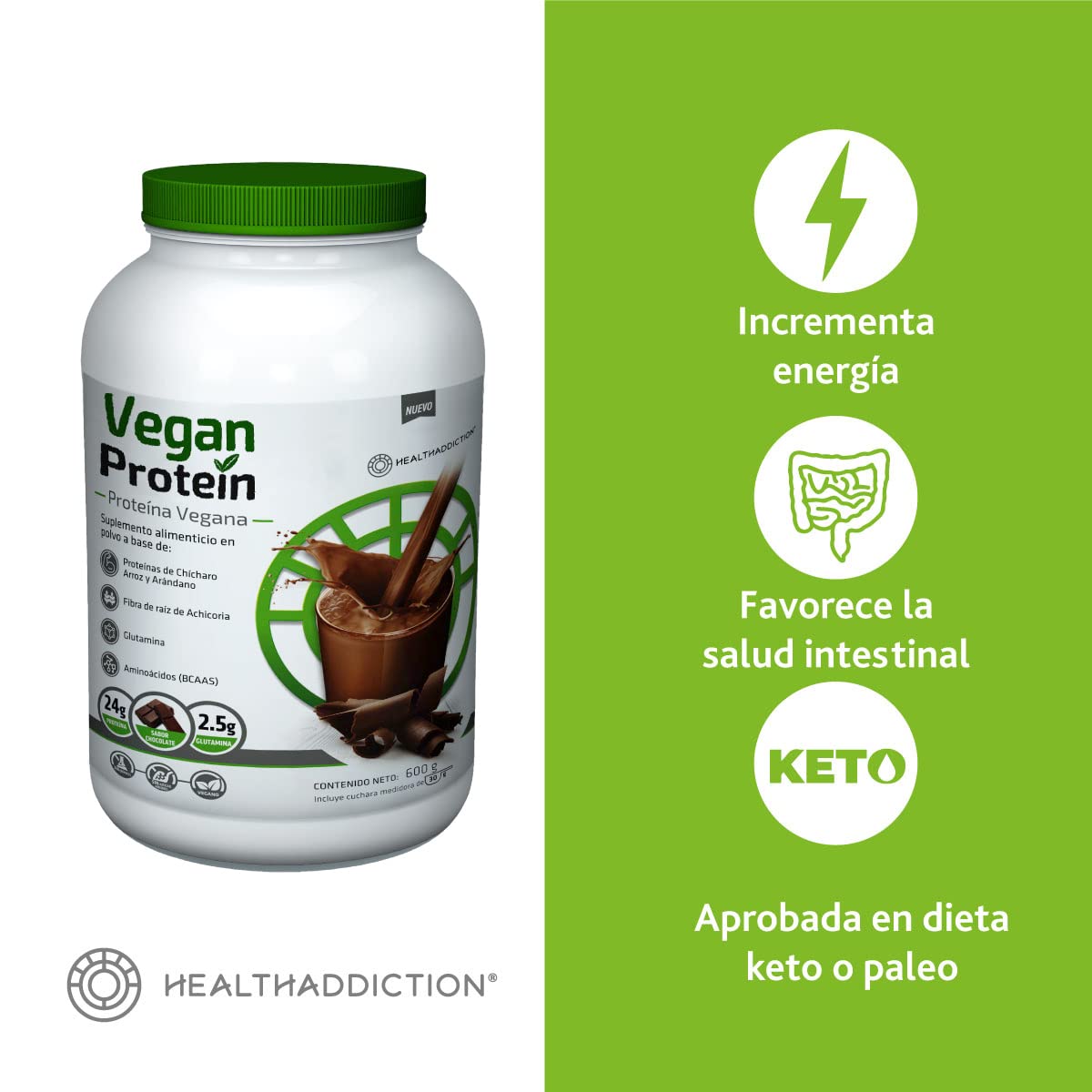 HEALTHADDICTION Proteína Vegana - Delicioso Sabor Chocolate, Con Glutamina y Aminoácidos, 24g de Proteína y 2.5g de Glutamina - Ingredientes Naturales, 600g