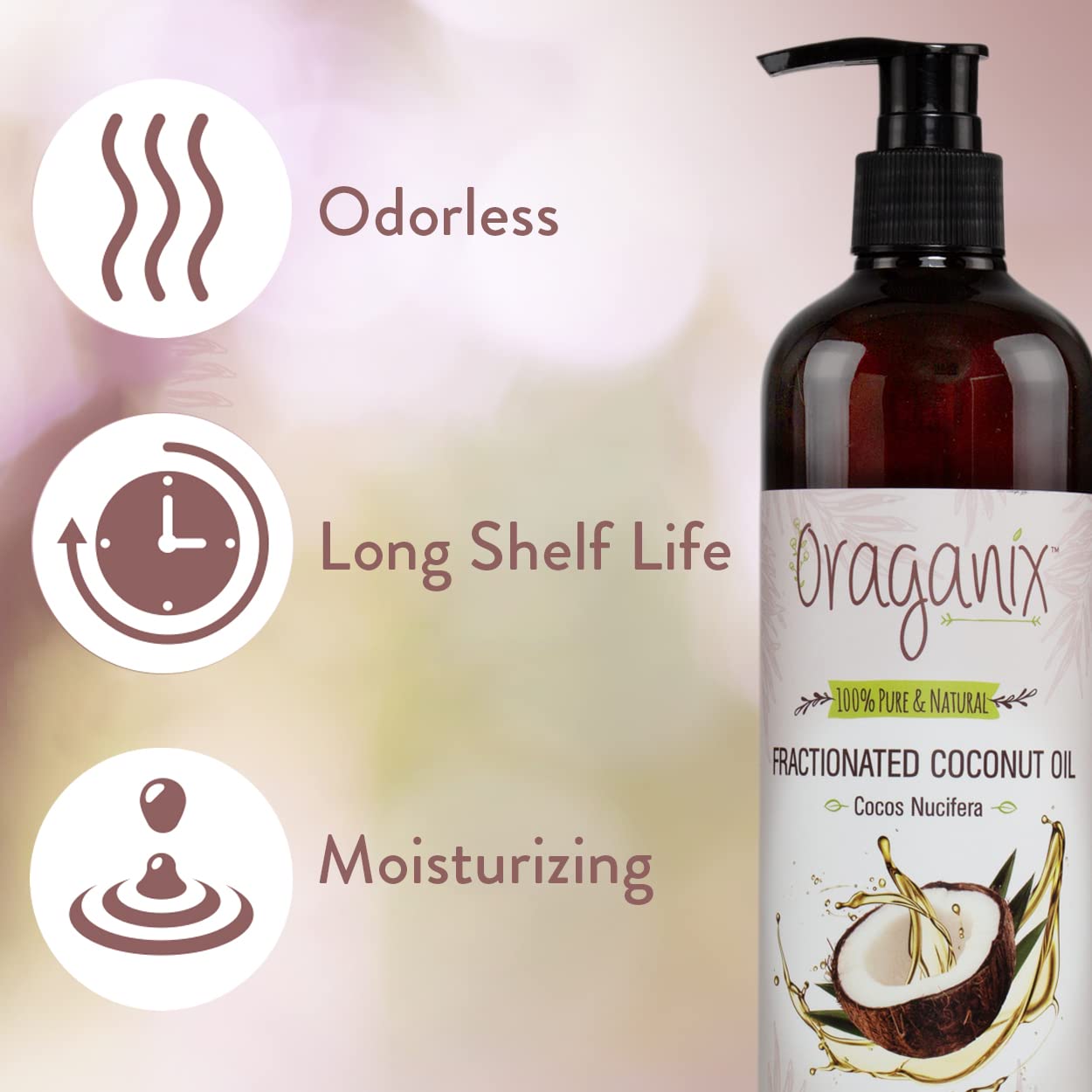 Oraganix Fractionated Coconut Oil with Roller Bottles - 100% Pure Natural 16 Oz Coconut Oil, 2ml Essential Oil Roller Bottles, Caps, Funnel and Bottle Opener - for Massage Oil, Skin and Hair Care