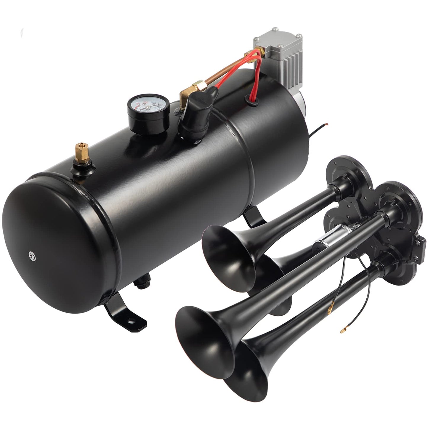 VEVOR Kit de bocinas de tren de 150 dB, 4 trompetas súper fuertes con compresor de aire de 120 PSI 12 V, tanque compresor de aire para cualquier vehículo, camión, coche, Jeep o SUV (negro)