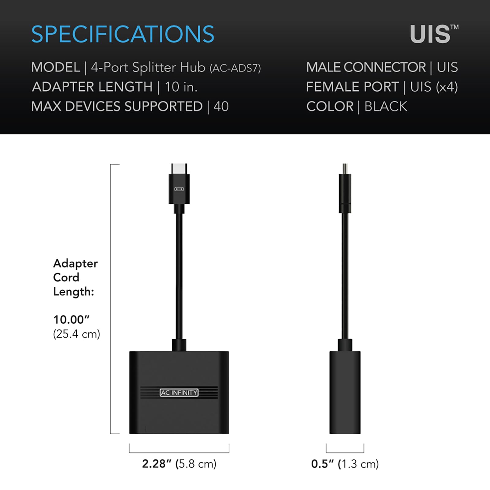 Adaptador UIS Splitter Hub AC Infinity 4 Puertos para Luces LED de Crecimiento, Ventiladores de Motor EC y Humidificadores