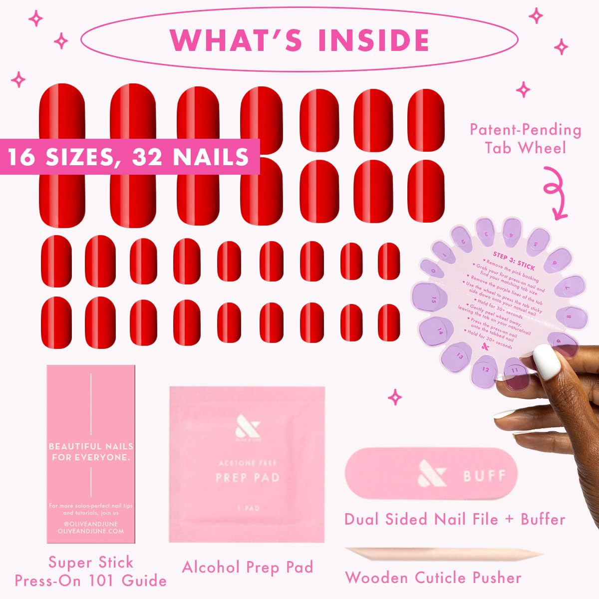 Olive & June Uñas postizas Classic Super Stick Mani | No se necesita pegamento | 32 pestañas, 16 tamaños | Pestañas no tóxicas, fáciles de poner y quitar, aspecto realista que no daña las uñas | Durac