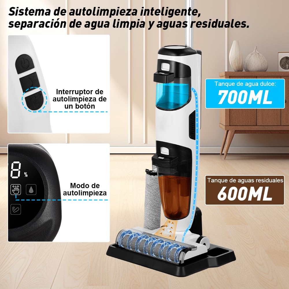 KOZFULE Aspiradoras en Seco y Húmedo 40KPa, con Sistema de Autolimpieza y Pantalla Táctil, 3 en 1 Mopa y Aspiradora Inalámbrica, 2 Niveles Ajustables, para Limpieza de Madera Dura, Azulejos, Mármol