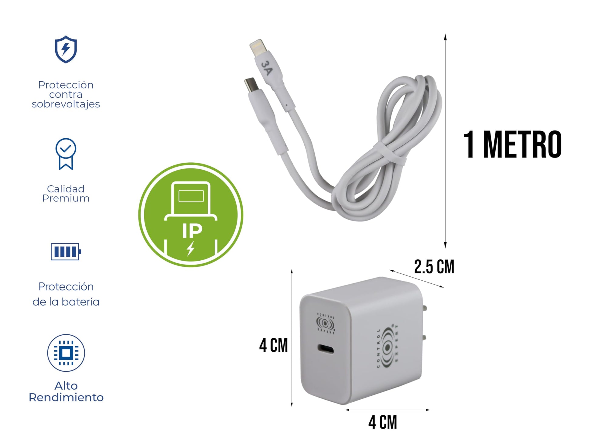 CONTROL EXPERT Cargador Carga Ultra Rápida para iPhone 3A 20W Cable de 1 Metro USB a Lighntning (BLANCO)