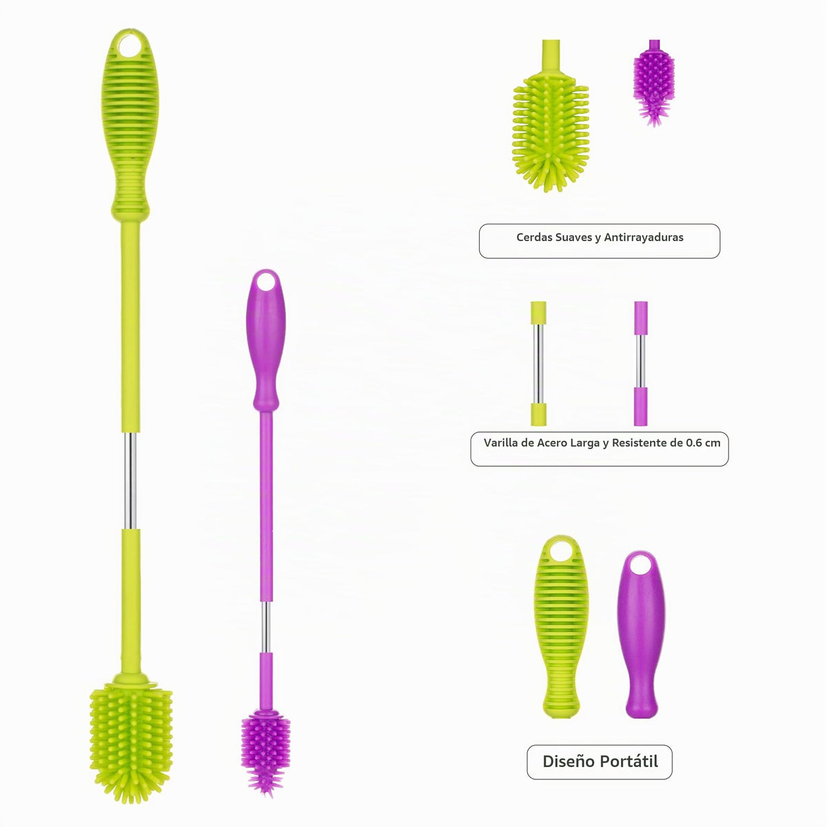 A-Brush - cepillo para polvo limpiador de botellas de silicona, juego de 2 piezas, flexible, mango largo, limpiador de botellas de agua, cepillo para polvo para pezones de biberón para plástico y