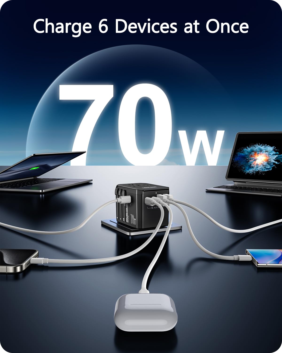 LENCENT Adaptador Universal de Viaje, GAN 70W Adaptador Internacional con 2 USB-A QC & 3 USB-C PD3.0, Cargador Internacional con Enchufe Tipo A/C/G/I para US/UE/UK/Australia/Argentina/Brasil, Negro
