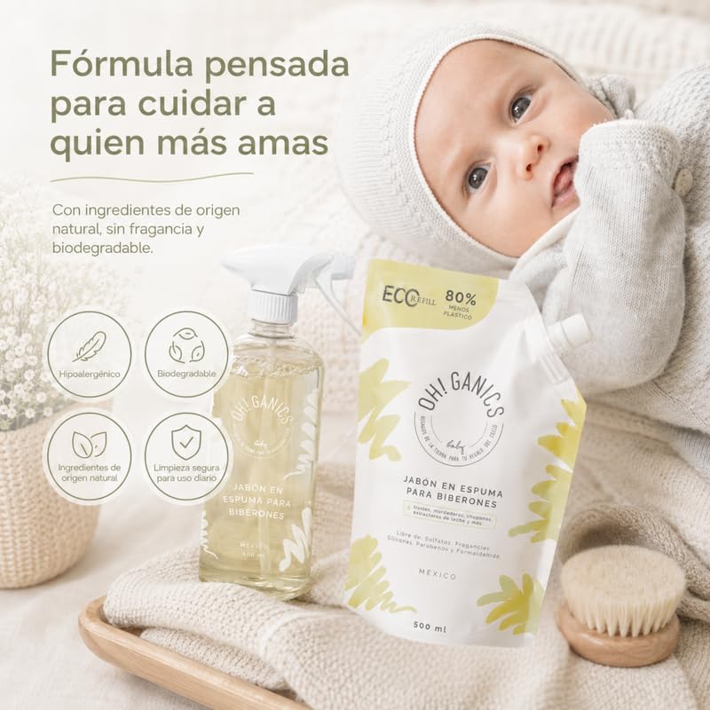 OH! GANICS Jabón en Espuma Refill para la Limpieza de los Biberones de Bebé Sin Fragancia 500 ml