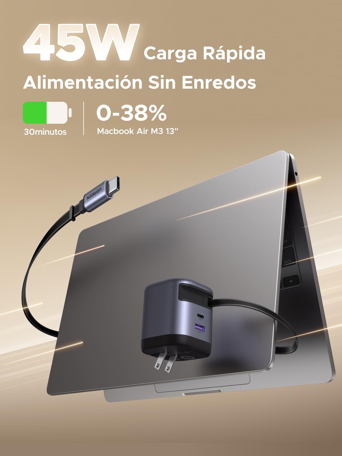Cargador Portátil UGREEN USB C GAN 45W con Cable Retráctil y Carga Súper Rápida 2.0
