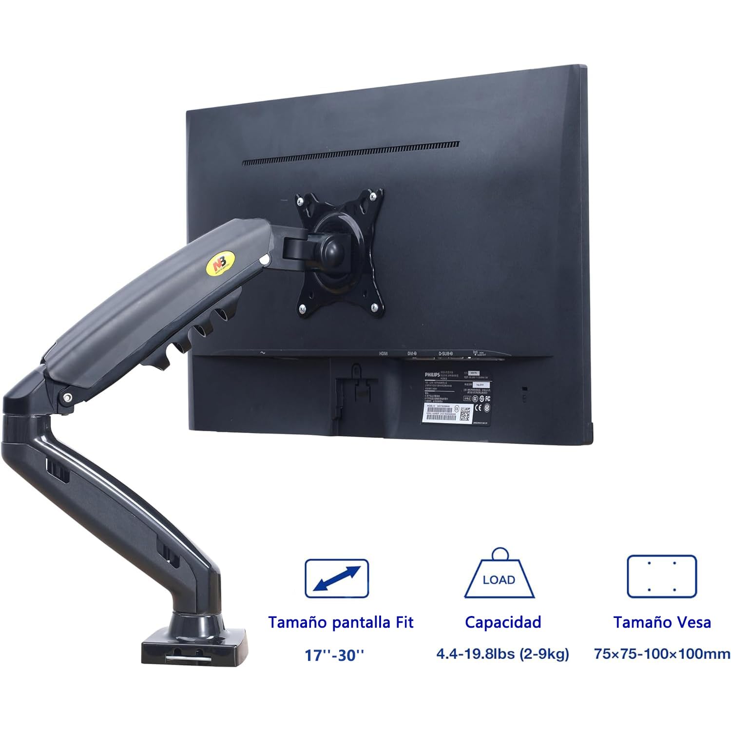Soporte Hidráulico para Monitor NB F80 17 a 30 Pulgadas Ergonómico con Ajuste Vertical y Horizontal 9kg Máx VESA 100x100mm