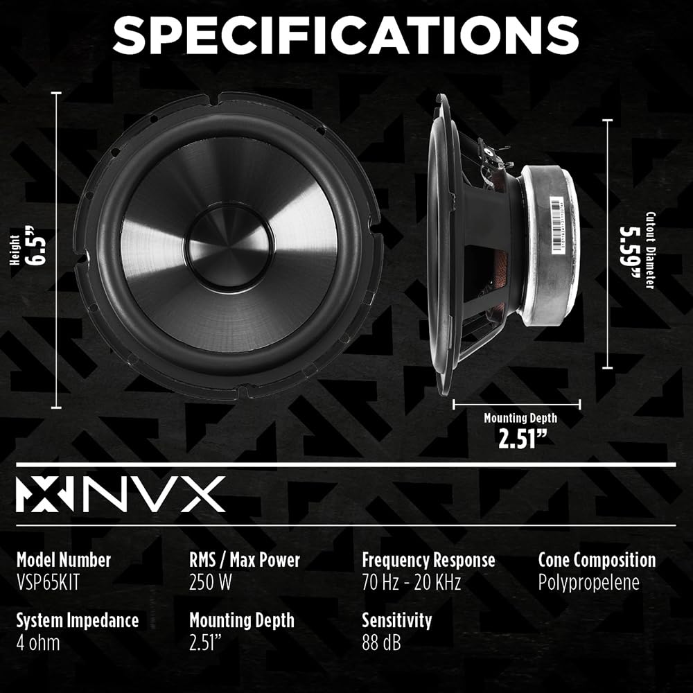 NVX® VSP65KIT Altavoces de Coche Premium de 6.5 Pulgadas, 750 W máximo, 250 W RMS, Sistema de componentes de 2 vías de 6-1/2 Pulgadas con tweeters de cúpula de Seda de 1 Pulgada y X-Overs pasivos,