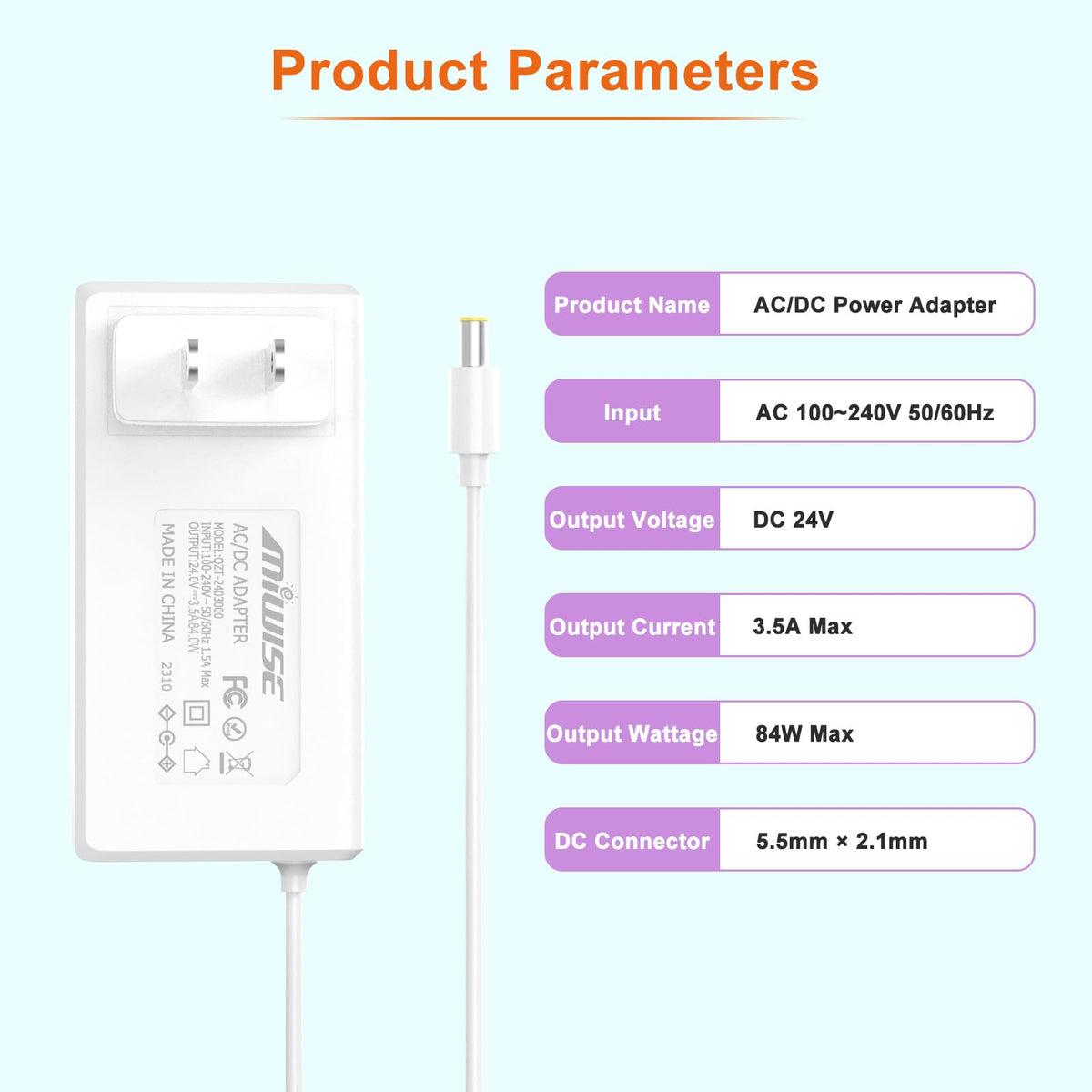 Adaptador de Fuente de Alimentación MIWISE Blanco Enchufe de EE. UU. para COB LED Strip y Cámara CCTV
