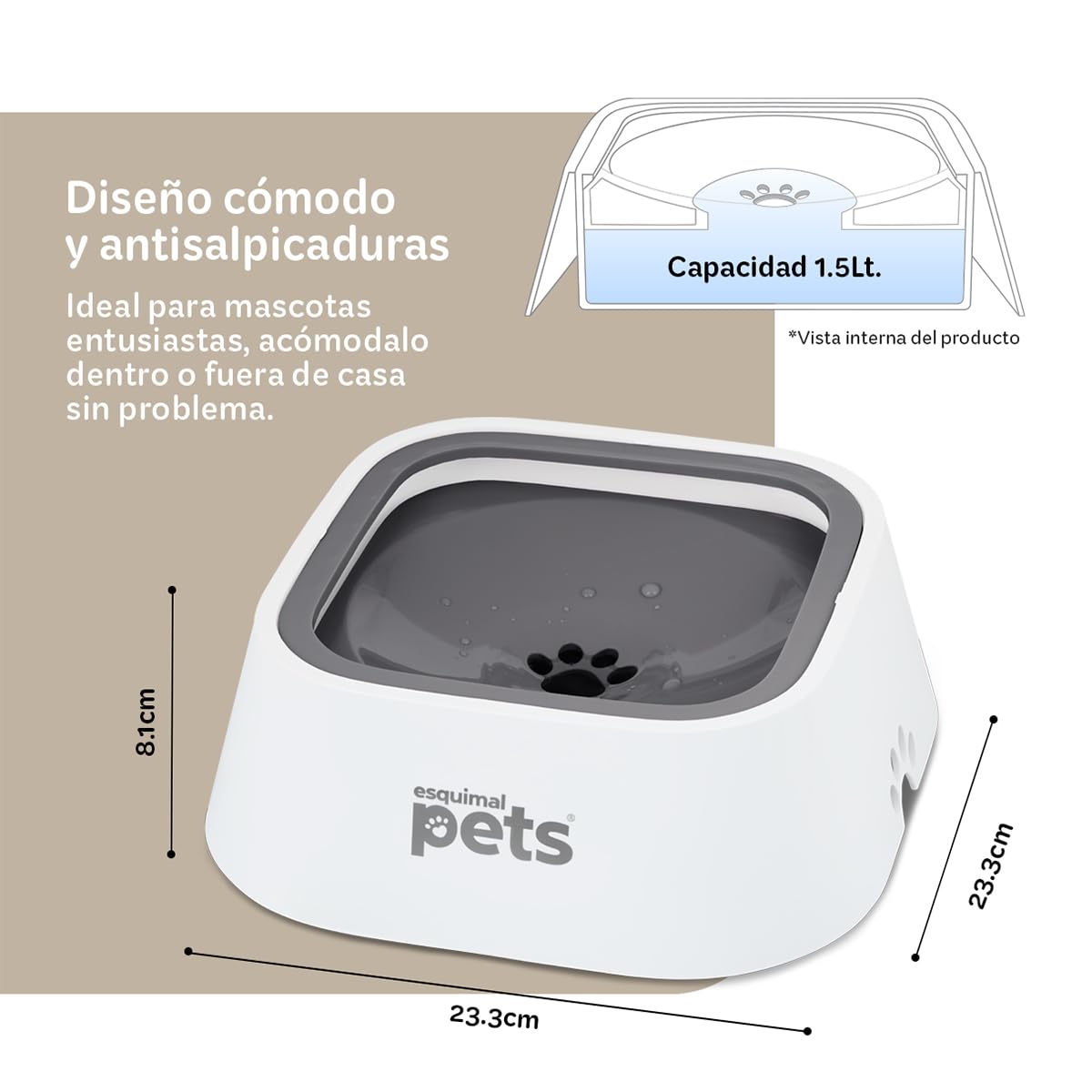 Plato Esquimal Gris Blanco Antisalpicaduras para Perro 1.5 LTS