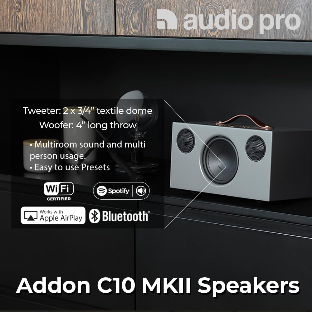 Audio Pro Addon - Altavoz Bluetooth - Altavoz inalámbrico con sonido de alta fidelidad - Altavoces para exteriores, WiFi, AirPlay 2, Chromecast, Spotify Connect, C10 MKII, gris