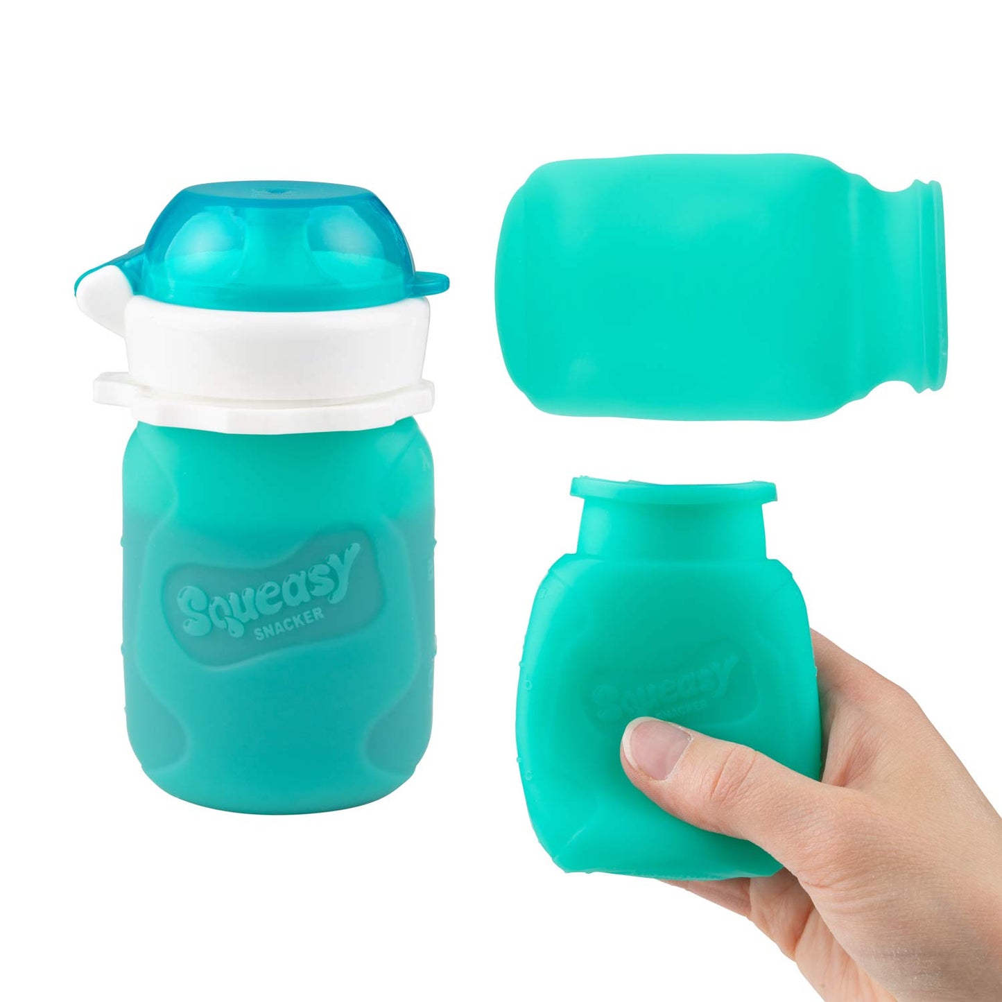 Squeasy Snacker 3.5oz 100% Food Grade Silicone Reusable Food Pouch, featuring the No Spill Insert - Aqua by Squeasy Gear