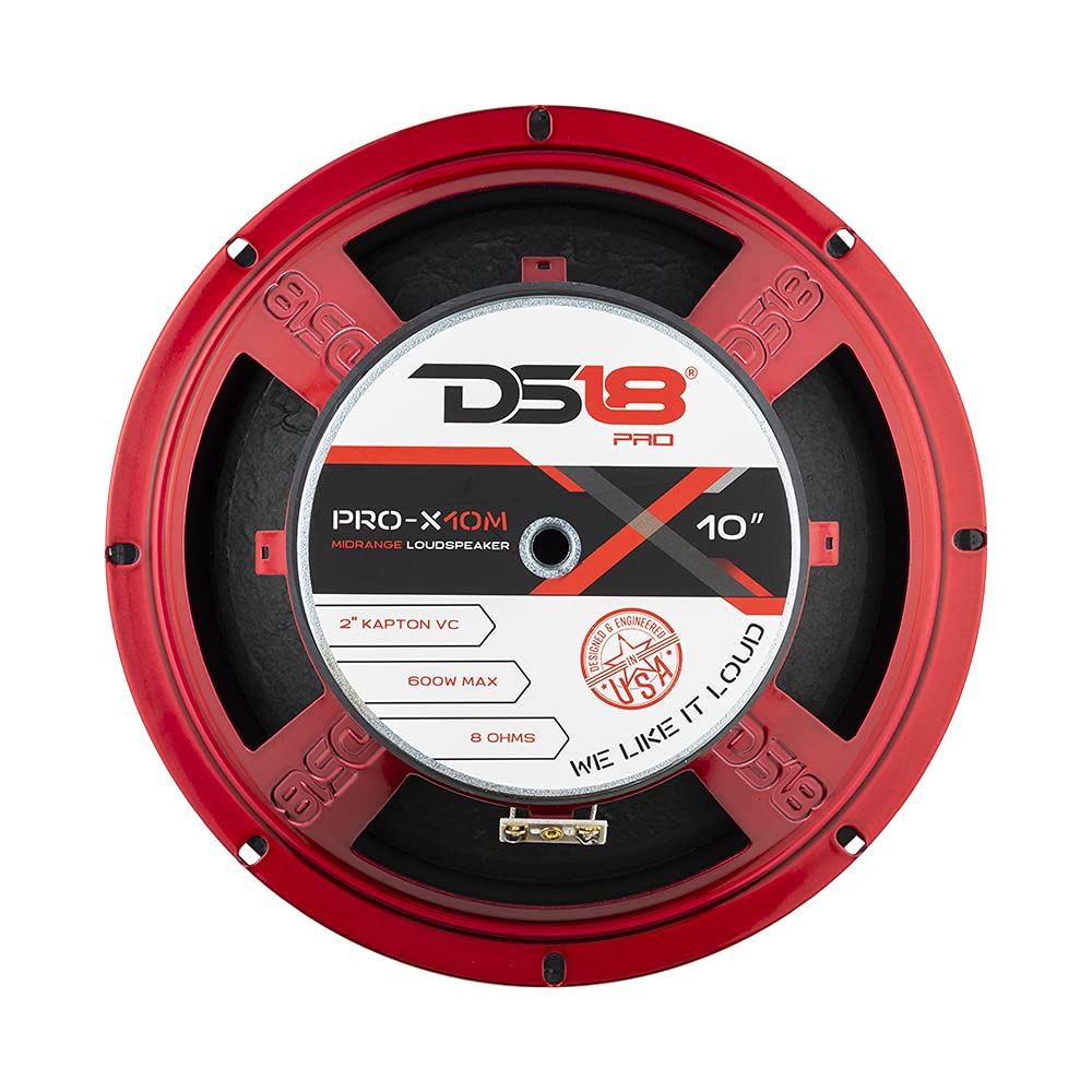 DS18 PRO-X10M Loudspeaker - 10", Midrange, Red Steel Basket, 600W MAX, 300W RMS, 8 Ohms - Premium Quality Audio Door Speakers for Car or Truck Stereo Sound System (1 Speaker)