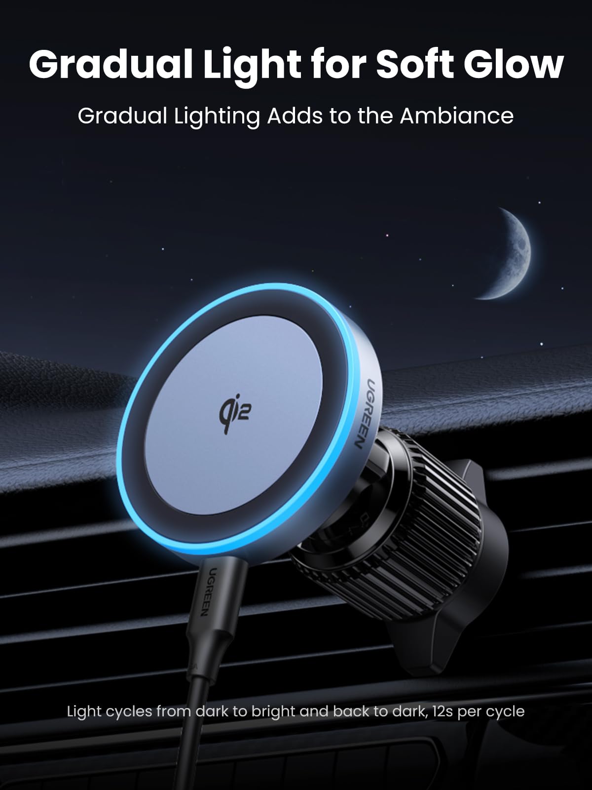 UGREEN Qi2 15W Cargador Inalámbrico de Coche Certificado, Soporte para Auto con Función de Carga Compatible con MagSafe para iPhone 16/16 Pro/16 Pro Max/15/14/13 con Pantalla de Luz, Cable de 1M