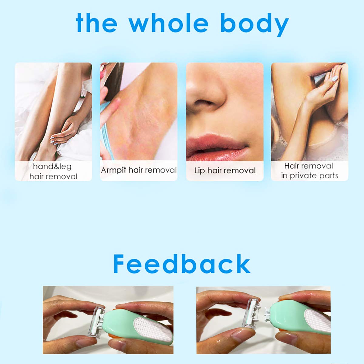 Maquinilla de afeitar portátil para mujer, 3 cuchillas de afeitar, cómodo deslizamiento, para manos faciales, piernas, zona de bikini, 6 recargas, verde