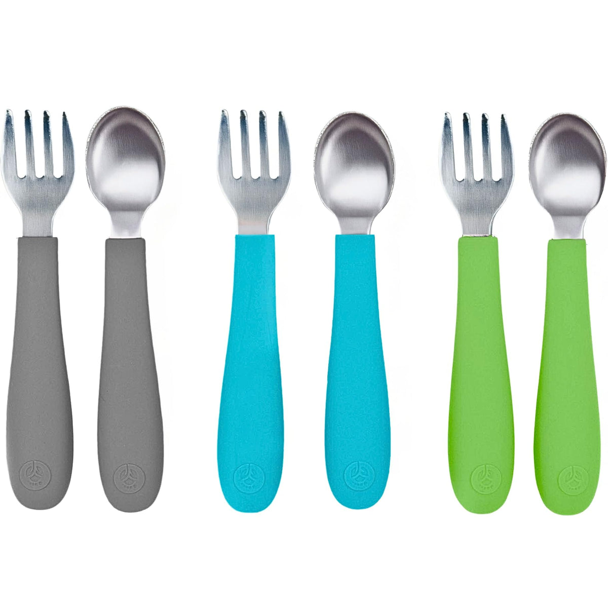 WeeSprout: 3 juegos de utensilios de acero inoxidable y silicona para niños pequeños (6 piezas, azul brillante, verde, gris)