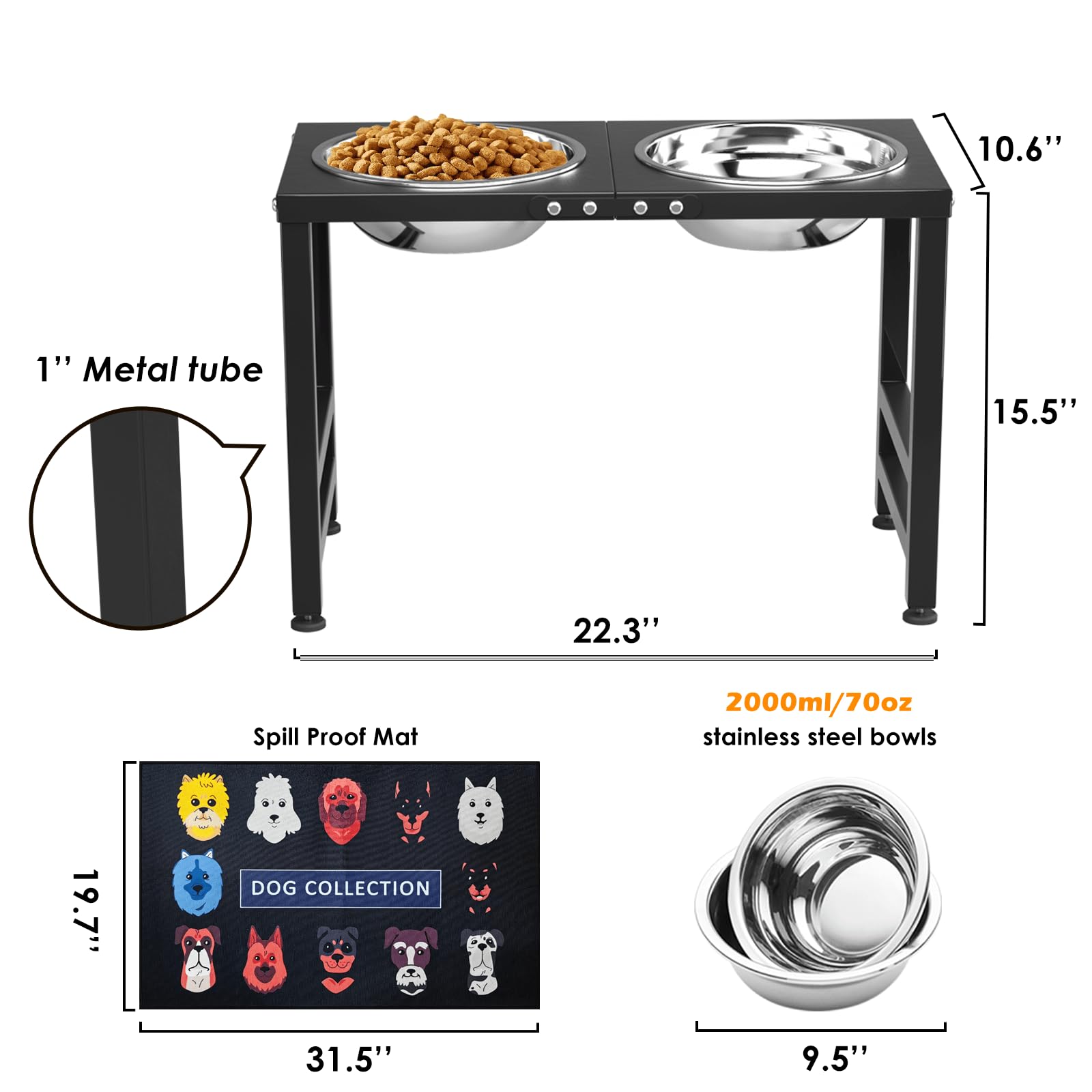 Soporte Elevado de Metal ADENGL Negro con Cuencos Fuertes y Tapete para Perros Grandes