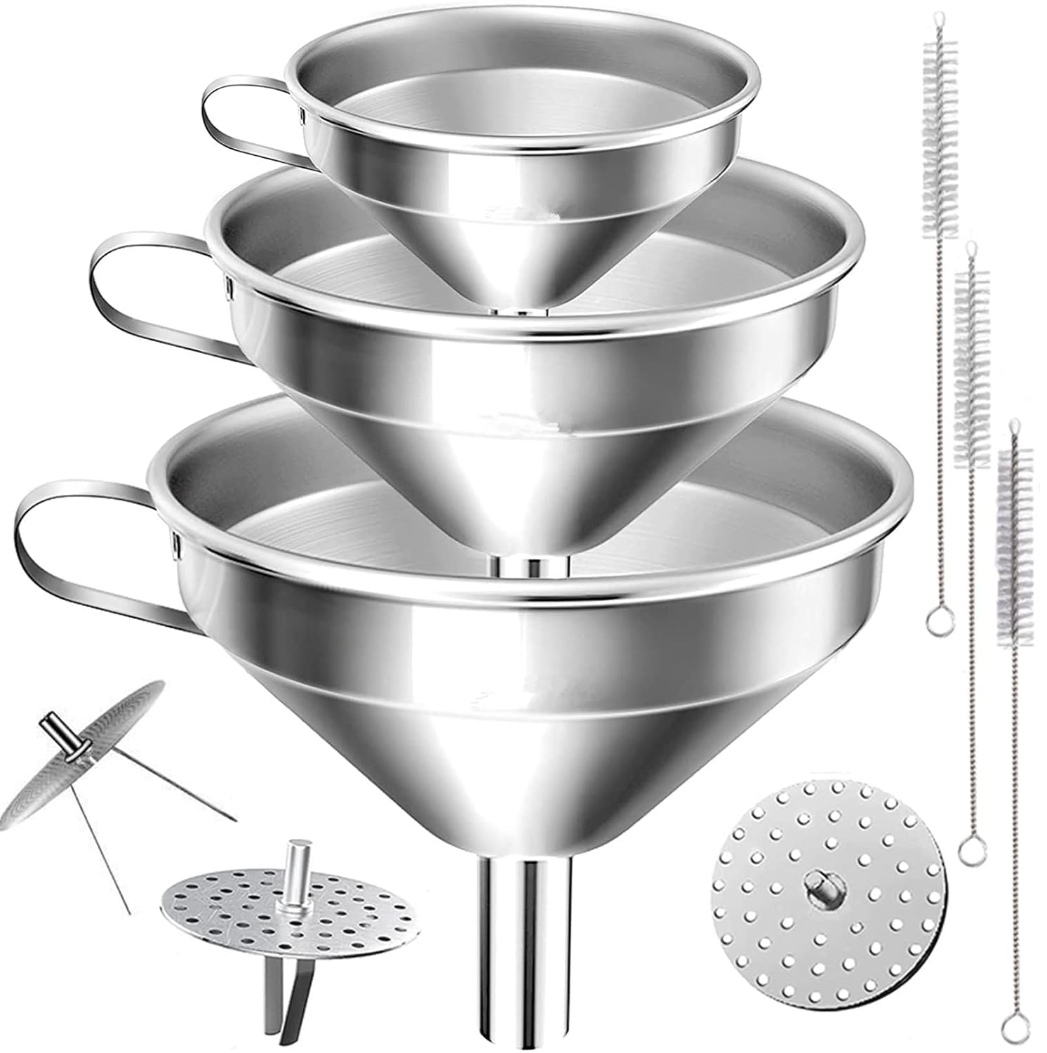 Juego de Embudos de Cocina con Coladores y Cepillos de Limpieza Apto para Líquidos aceites mermeladaingredientes secos y polvo 11 cm 13 cm 15 cm