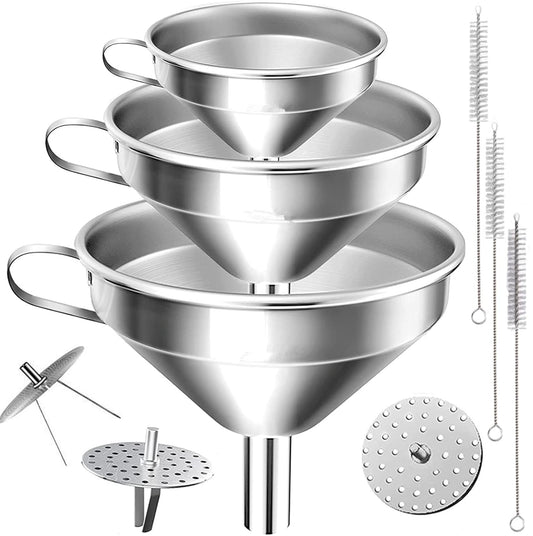 Juego de Embudos de Cocina con Coladores y Cepillos de Limpieza Apto para Líquidos aceites mermeladaingredientes secos y polvo 11 cm 13 cm 15 cm