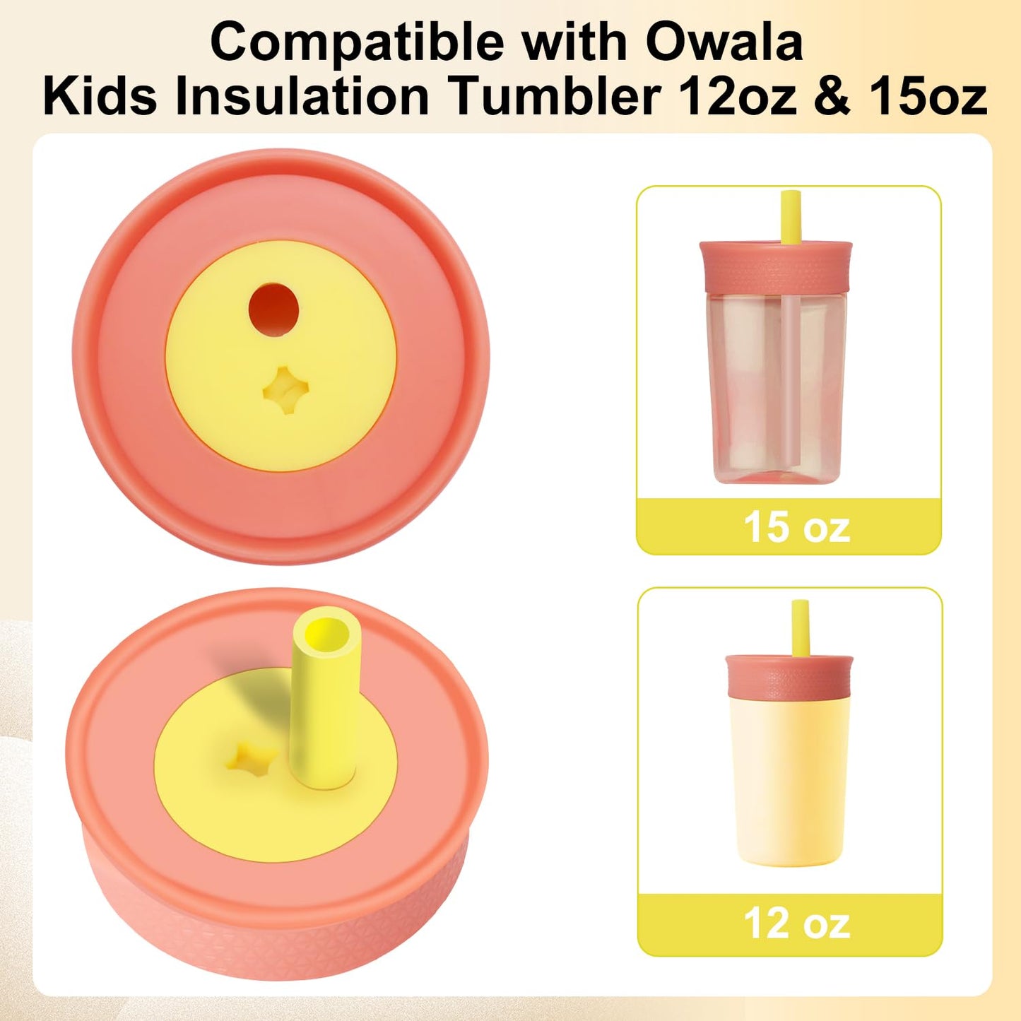 PHULWEL - Paquete de 2 tapas de repuesto para Owala Kids - Vaso aislante de 12 onzas y 15 onzas, tapa resistente a derrames con 4 popotes flexibles, sin BPA, apto para lavaplatos, accesorios para