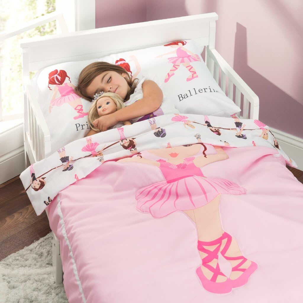 EVERYDAY KIDS Juego de ropa de cama de 4 piezas para niños pequeños - Born to Dance Ballerina - Incluye edredón, sábana plana, sábana ajustable y funda de almohada reversible