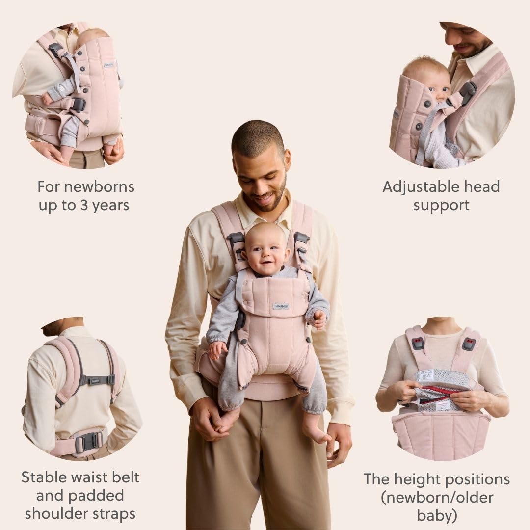 BabyBjörn Canguro Portabebé Harmony, Tejido Jaspeado, Rosa claro | Ergonómico, para recién nacidos hasta los 3 años (3.2–15 kg), 4 posiciones, posición de piernas ajustable, suave y cómodo