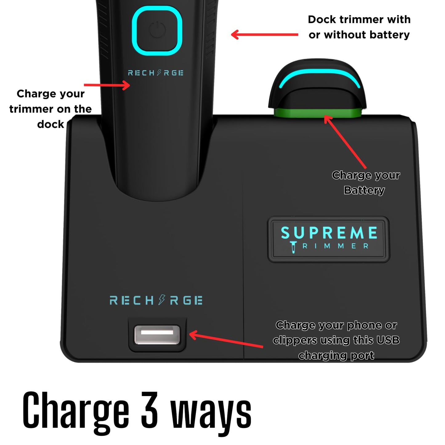 Supreme Trimmer - Soporte de carga inteligente de repuesto | Compatible con Recharge ST777 | Carga inteligente para dispositivos conectados USB | RCS777 Negro